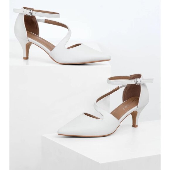 Women's White Polyurethane Pointed Toe Cross Strap Low Kitten Heel Pumps - Picture 4 of 7